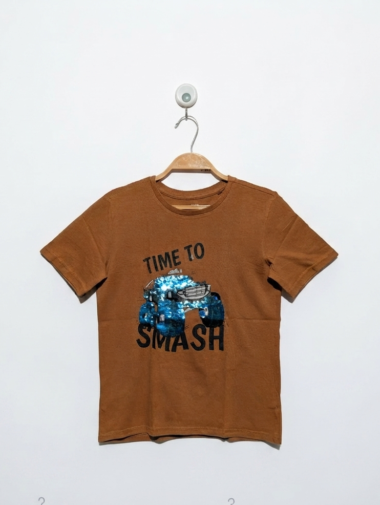 Sinsay Boys Brown "Time To Smash" Monster Truck Sequin Tee - Size Estimated Age 9-10 Years AB2