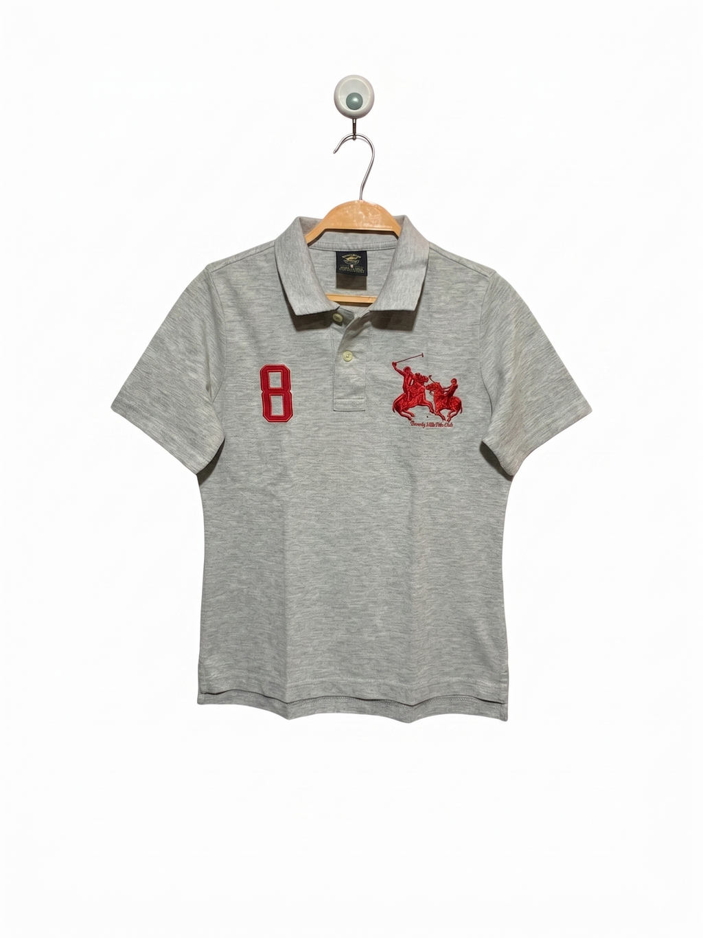 Beverly Hills Polo Club Boys Heather Grey "8" Logo Pique Polo Shirt - Size Estimated Age 6-8 Years AB1