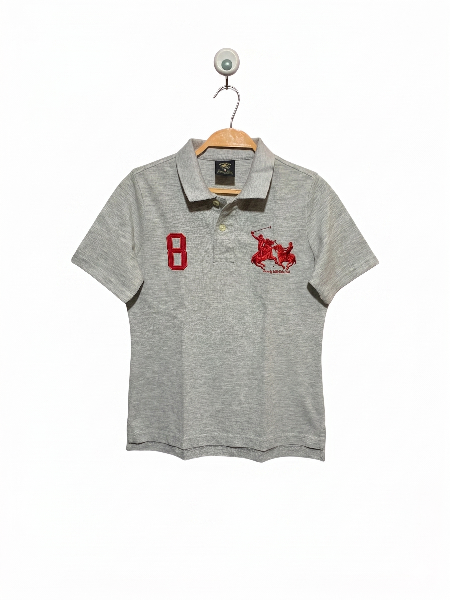 Beverly Hills Polo Club Boys Heather Grey "8" Logo Pique Polo Shirt - Size Estimated Age 6-8 Years AB1