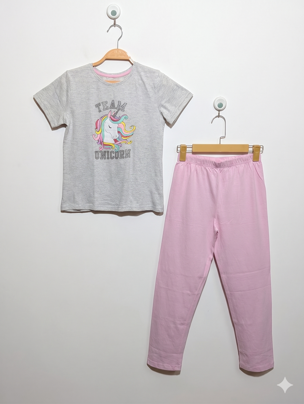 Primark Girls Heather Grey "Team Unicorn" T-Shirt & Pink Pajama Set - Size Estimated Age 9-10 Years AB1