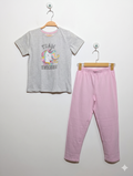 Primark Girls Heather Grey "Team Unicorn" T-Shirt & Pink Pajama Set - Size Estimated Age 9-10 Years AB1