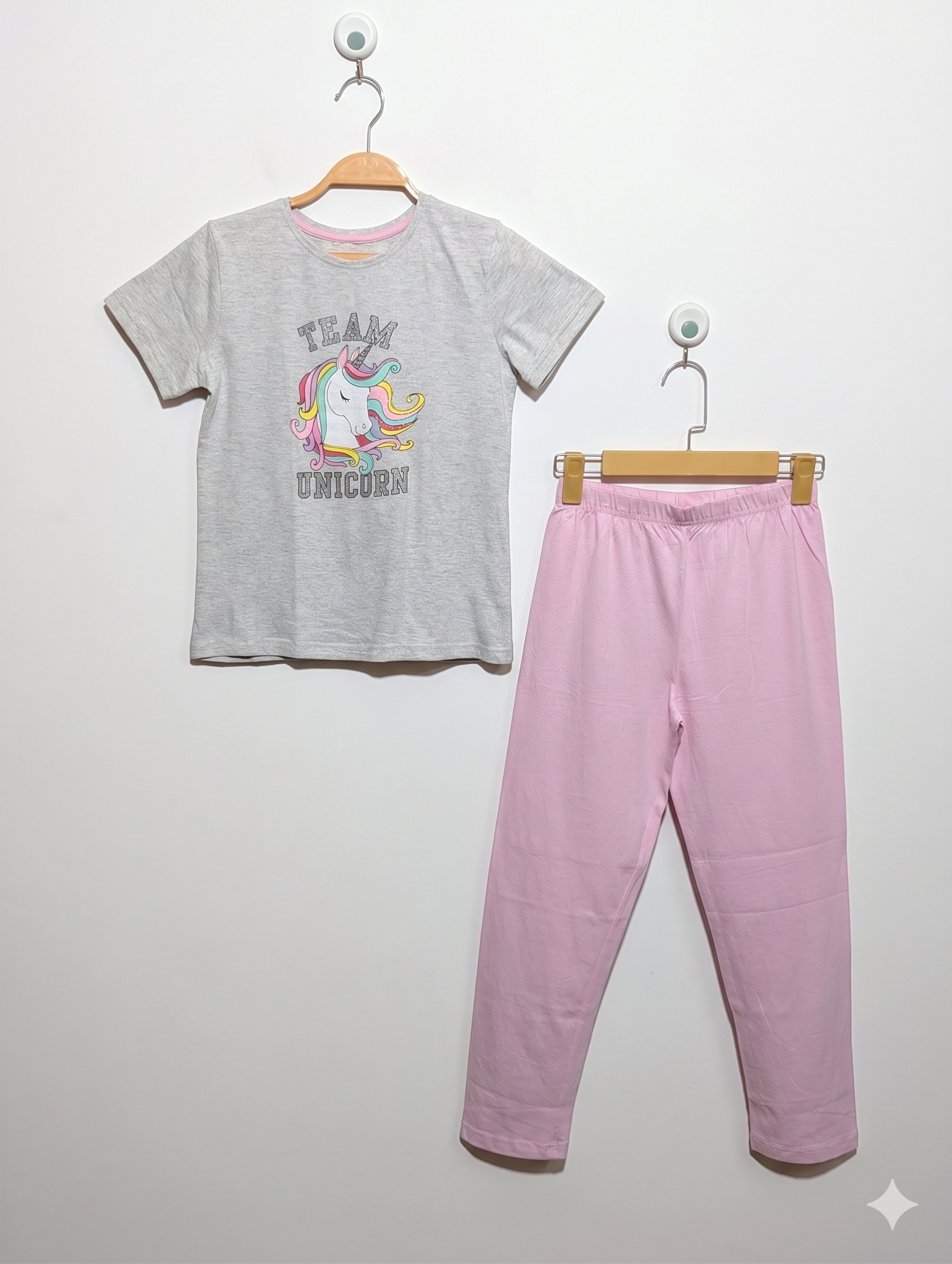 Primark Girls Heather Grey "Team Unicorn" T-Shirt & Pink Pajama Set - Size Estimated Age 9-10 Years AB1