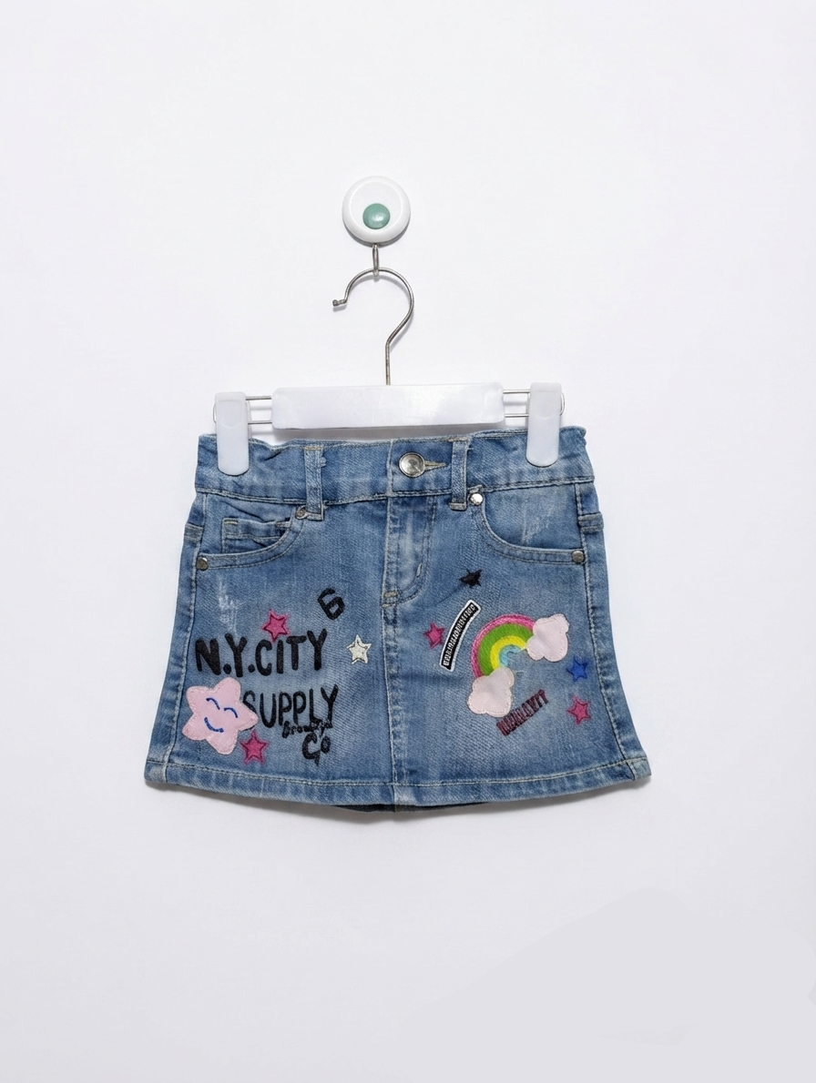 Blue Queen Girls Blue Denim "N.Y. City Supply" Embroidered Skirt - Size 104 Estimated Age 4 Years AB2