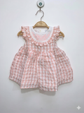 Front view of a Tahari baby girl dress in peach gingham with a white ruffled embroidered collar.