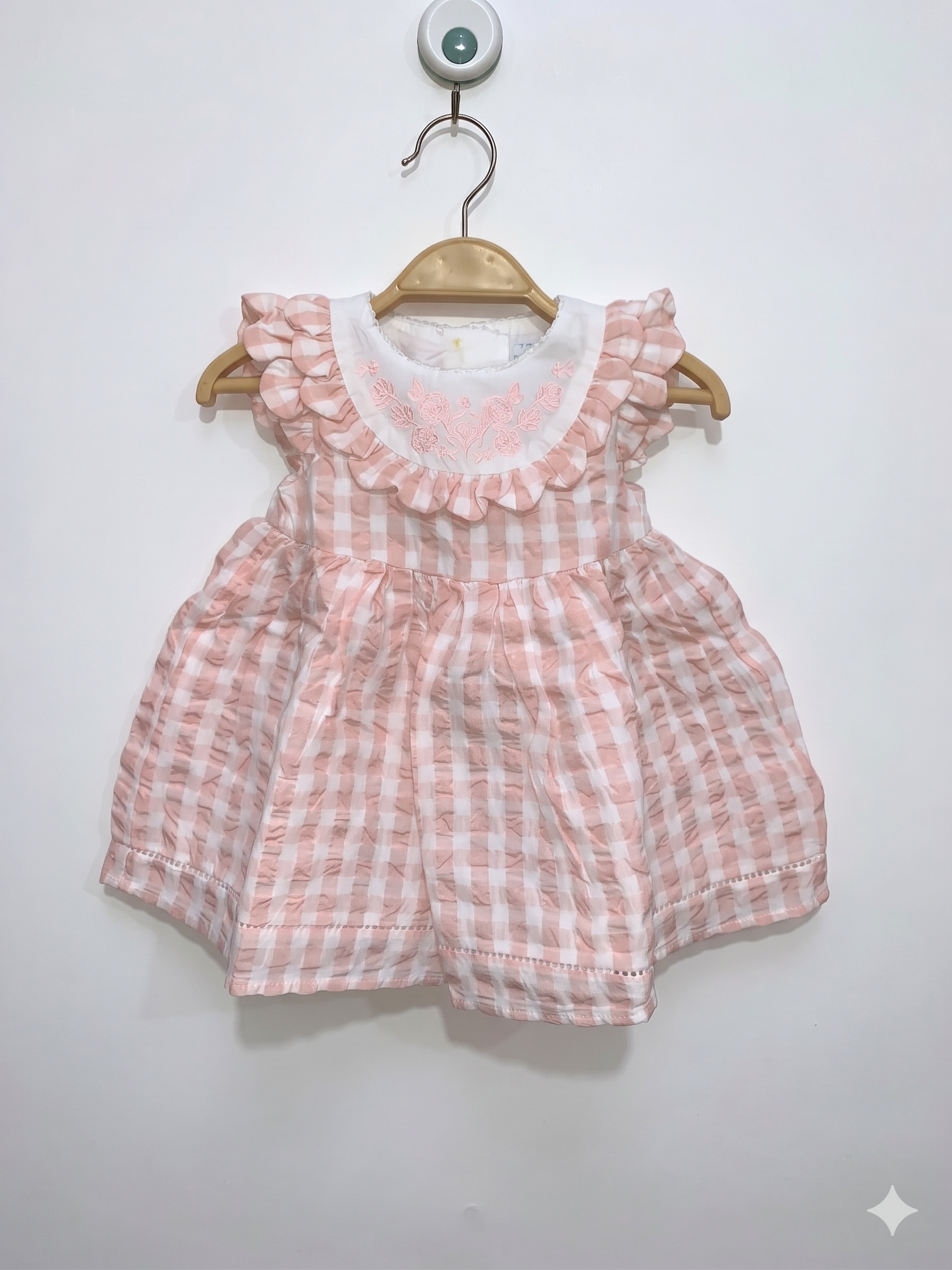 Front view of a Tahari baby girl dress in peach gingham with a white ruffled embroidered collar.