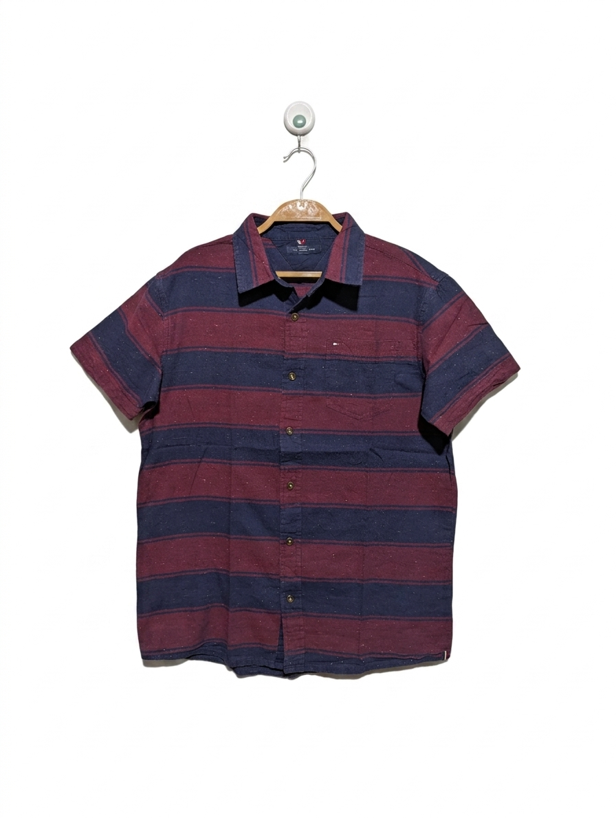 Tommy Hilfiger Boys Navy & Maroon Striped Short Sleeve Shirt - Size XL (16-18) AB1