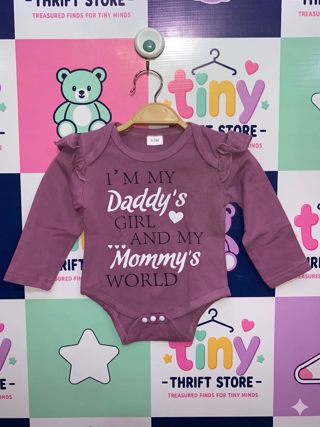 Goodwill Long Sleeve Ruffle Baby Onesie - "Daddy's Girl & Mommy's World" Purple Bodysuit (0-3 Months) AB1