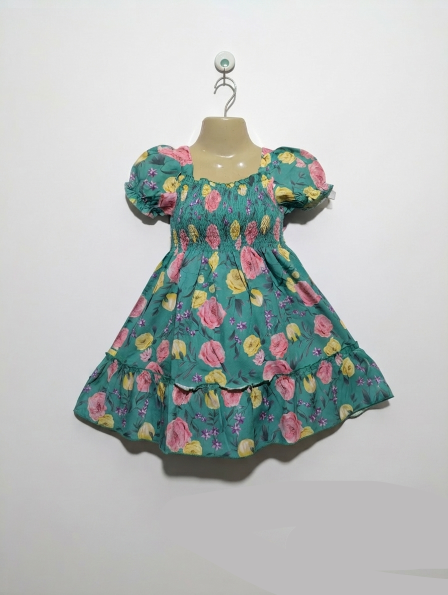 Girls Teal Floral Smocked Puff Sleeve Dress - Size 130 (Estimated Age 7-8 Years) AB2