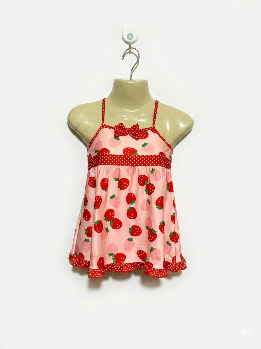 Nishimatsuya Girls Pink Strawberry Print Swim Dress - Size Estimated Age 6–7 Years AB1