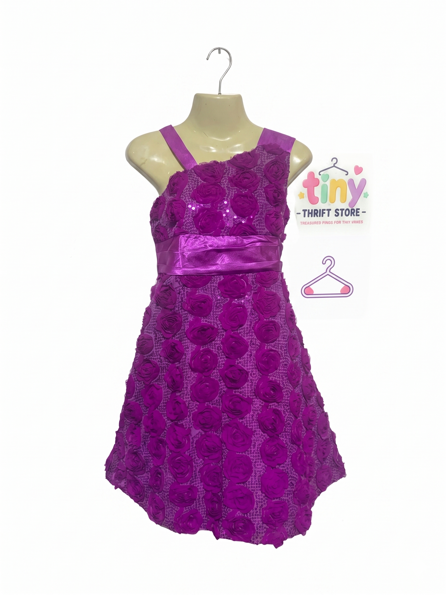 Jayne Copeland Girls Magenta Rosette & Sequin One-Shoulder Party Dress - Size 10 AB1