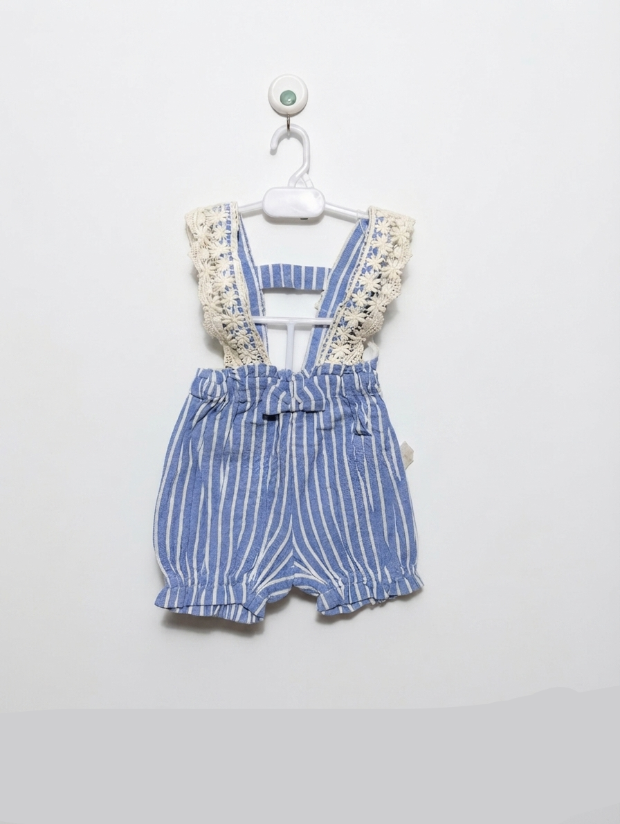 Branches Girls Blue & White Striped Lace-Trim Overalls Shorts - Size Estimated Age 1 Year AB2