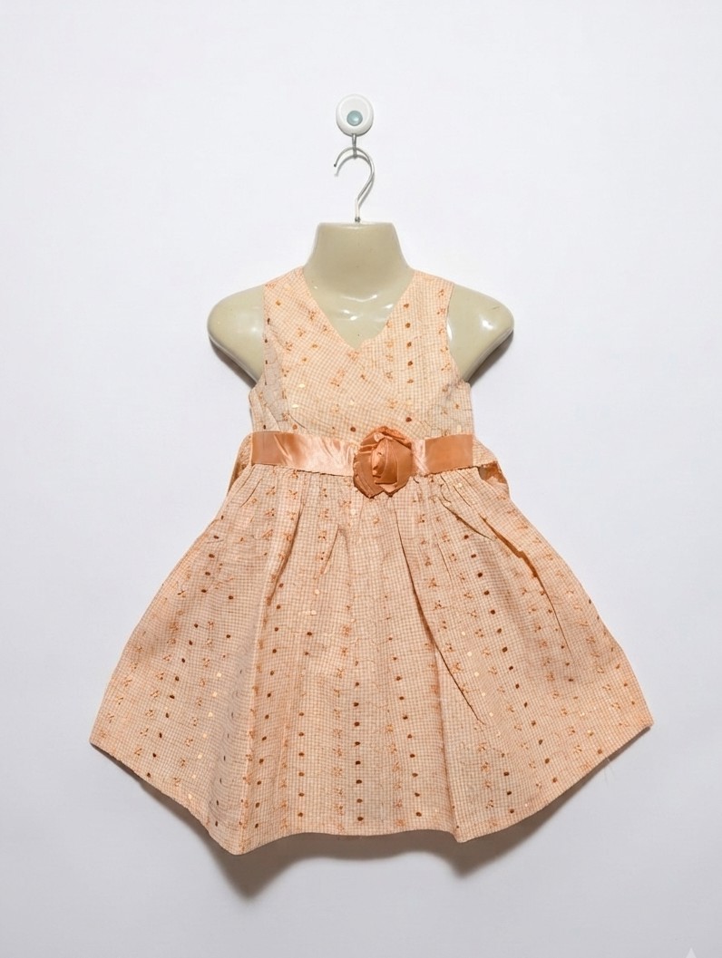 Bonnie Jean Girls Peach Gingham Floral Occasion Dress - Size 6 Estimated Age 6 Years AB2