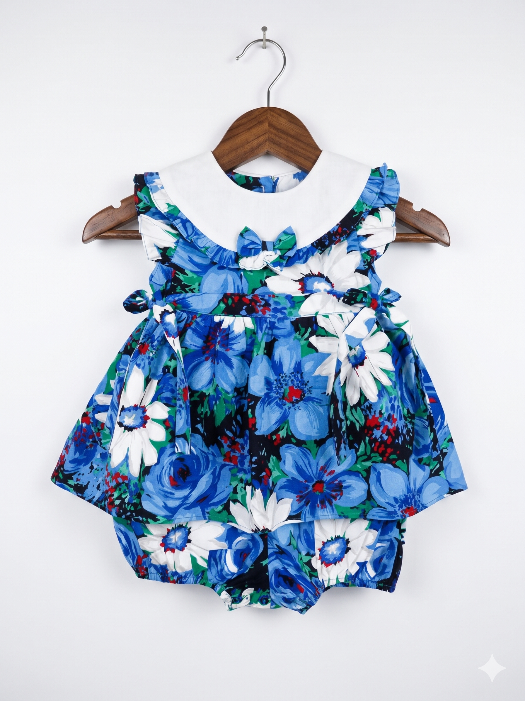 Simi Baby Girls Blue Floral Vintage-Style Romper with Peter Pan Collar - Size 18M (Estimated 1.5 Years Old) AB1