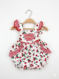 Walmart baby clothes, cherry print romper, 3-6 months baby girl outfit, vintage style baby bodysuit, gingham ruffle romper, cotton baby clothes, Tiny Thrift Store inventory.