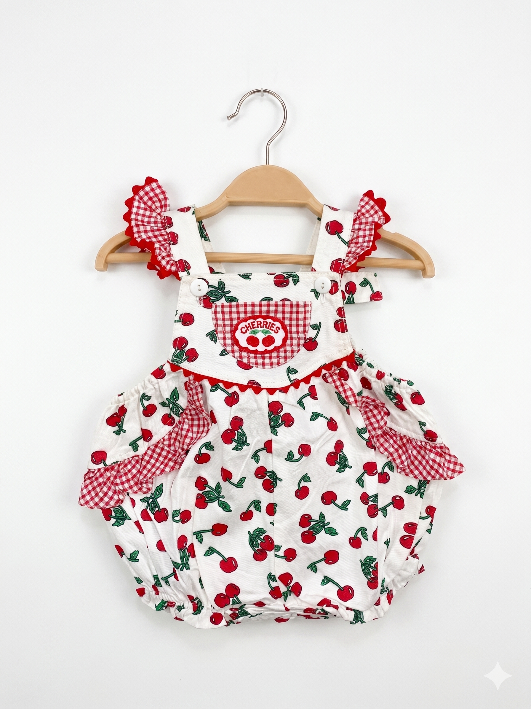 Walmart baby clothes, cherry print romper, 3-6 months baby girl outfit, vintage style baby bodysuit, gingham ruffle romper, cotton baby clothes, Tiny Thrift Store inventory.