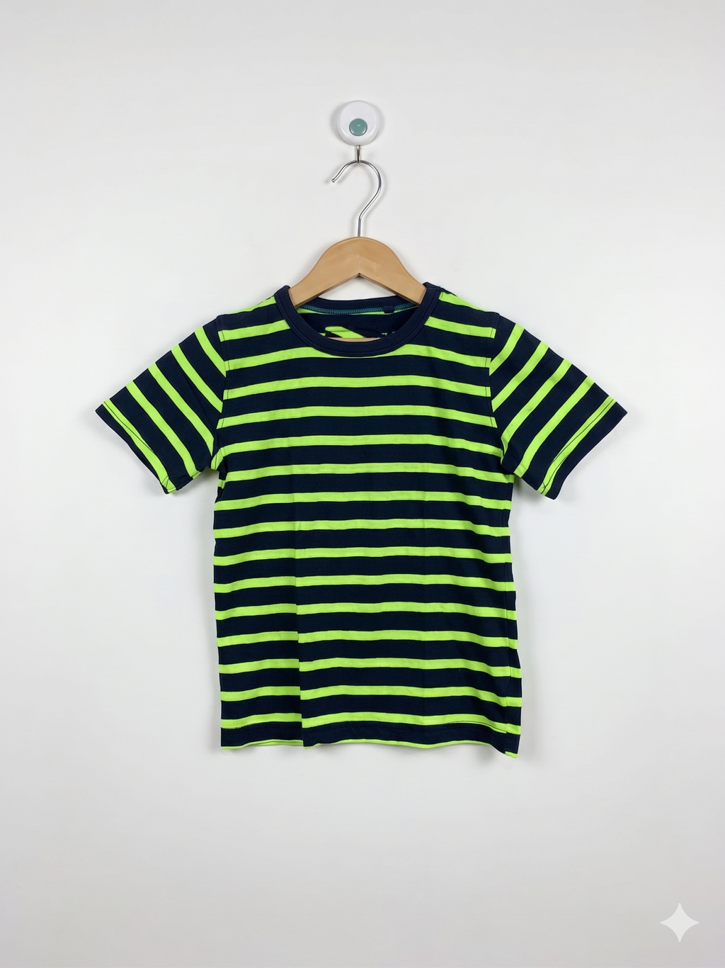 Next Boys Neon Lime & Navy Striped Cotton Tee - Size 116 (5-6 Years) AB1