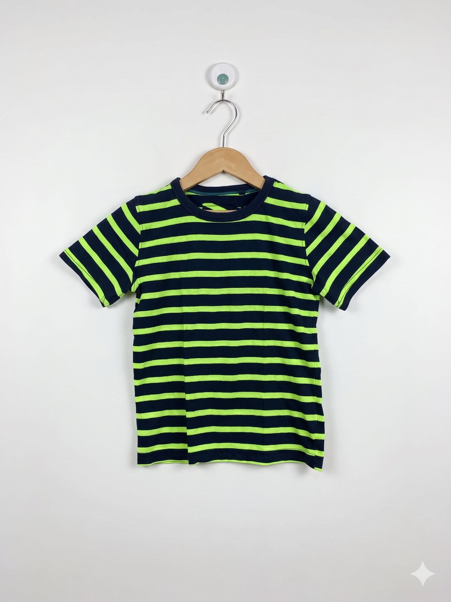 Next Boys Neon Lime & Navy Striped Cotton Tee - Size 116 (5-6 Years) AB1