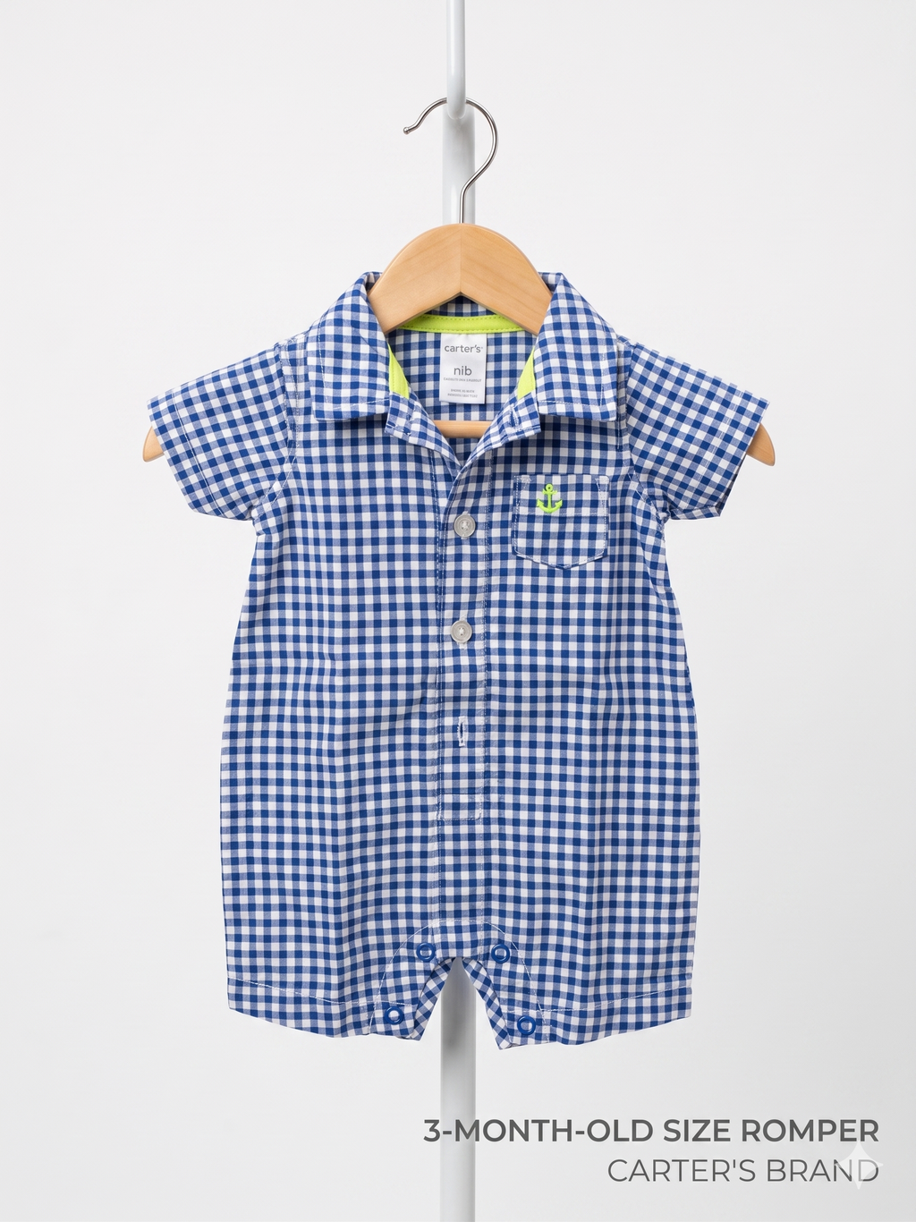 Carter’s Newborn Boy Blue Gingham Snap-Up Romper - Anchor Embroidery (Size: NB) AB1