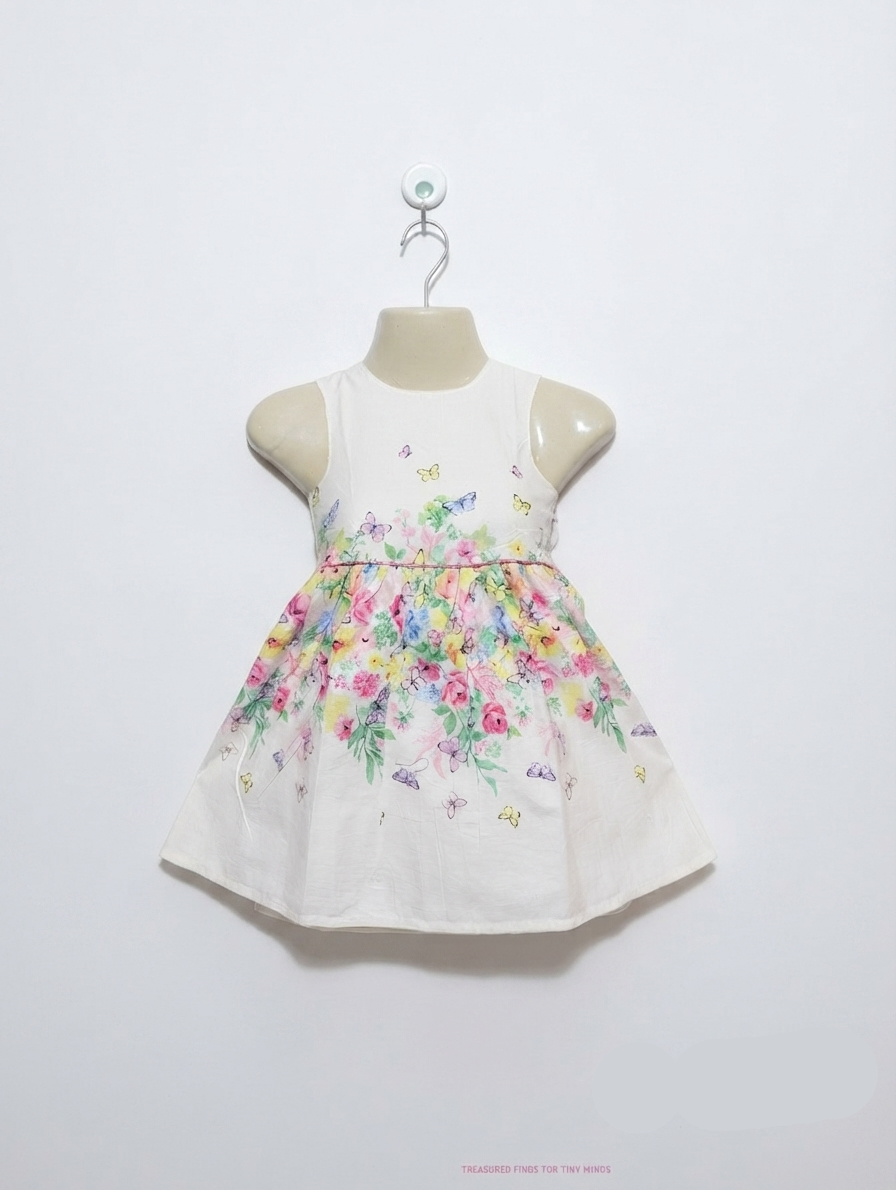 Primark Girls White Floral & Butterfly Print Sleeveless Dress - Size 24-36M (98 cm) Estimated Age 2-3 Years AB2