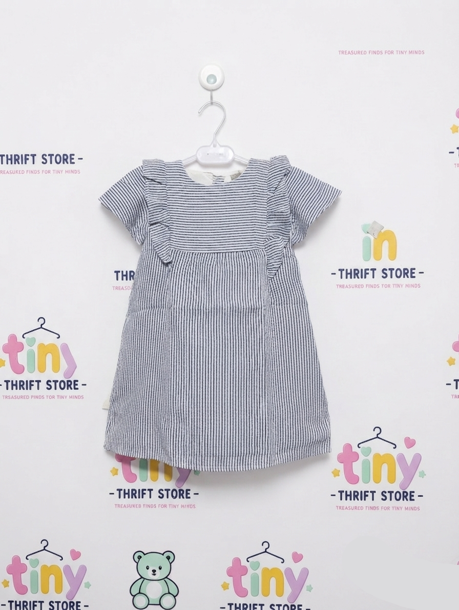 Primark Girls Blue & White Striped Seersucker Ruffle Dress - Size 18-24M Estimated Age 1.5-2 Years AB2