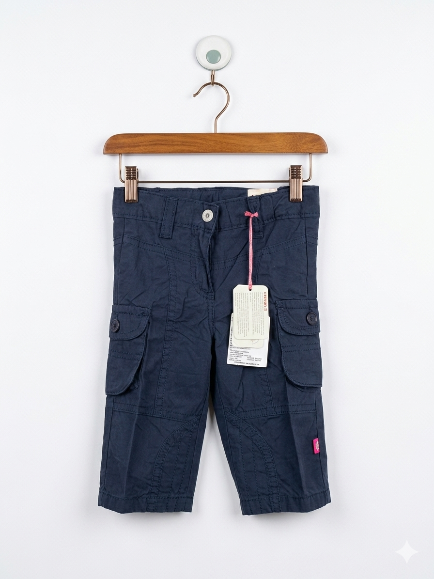 A pair of navy blue infant cargo pants by Girlstar hanging on a pink and white clip hanger. The pants feature large side pockets with buttons and a white "Adjustable Waistband" tag attached to the waist. The background features the Tiny Thrift Store logo.