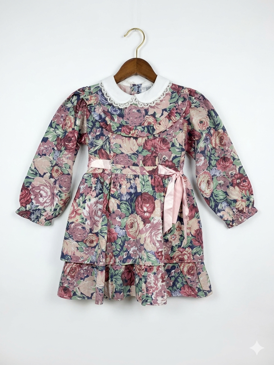 Vintage-Style Floral Ruffle Long-Sleeve Dress - Size 5-6 Years AB1