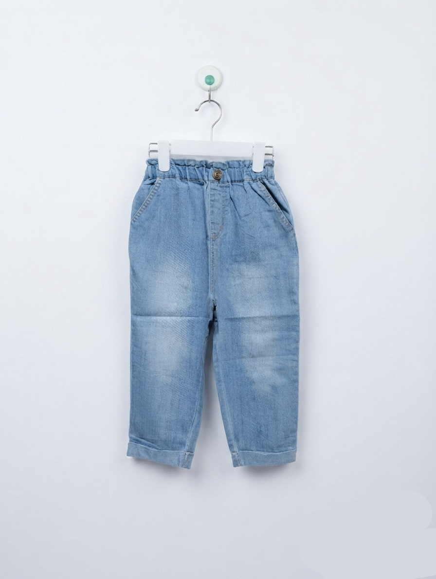 petit main Girls Light Wash Ruffled Waist Denim Trousers - Size 100 (Estimated Age 3-4 Years) AB2