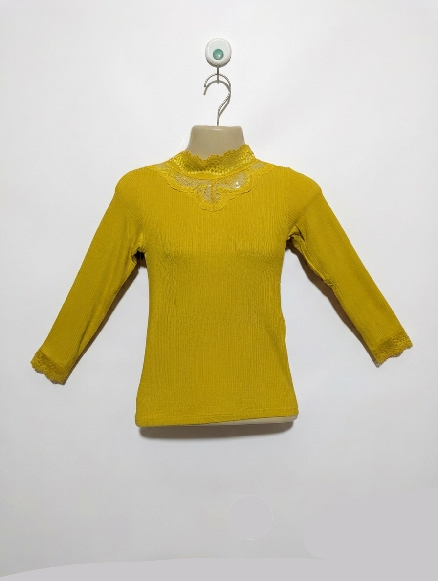 VRS Kids Girls Mustard "Lace Trim" Long Sleeve Tee - Size Estimated Age 6 Years AB2