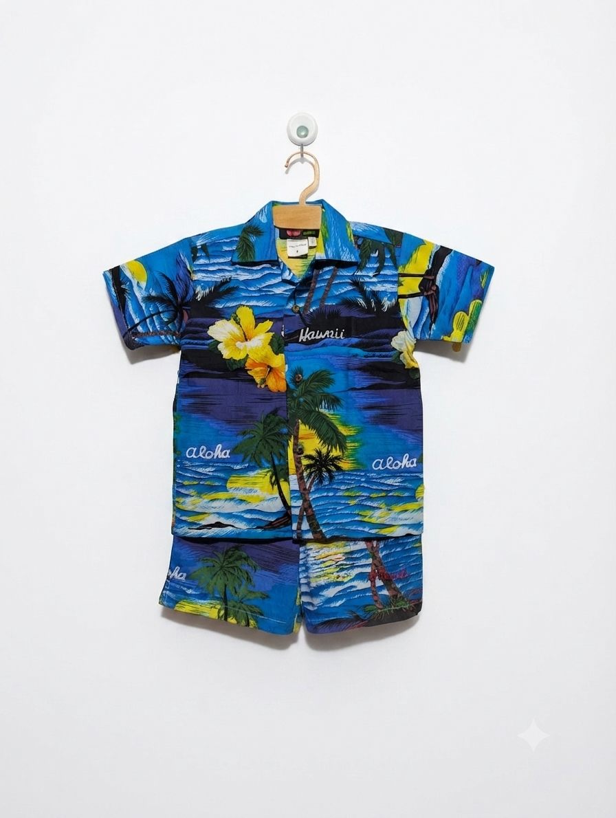 Hawaii Brand Boys Blue Tropical Sunset Aloha Shirt and Shorts Set - Size Estimated Age 4 Years AB2