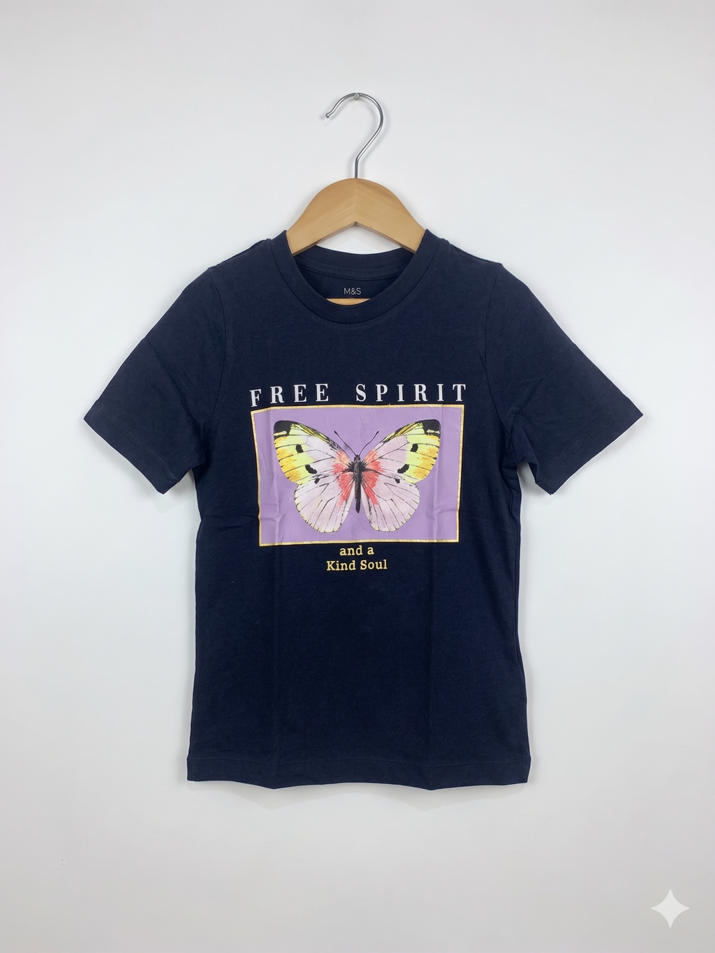 M&S Originals Girls Navy "Free Spirit" Butterfly Graphic Tee - Size 7-8 Years AB1