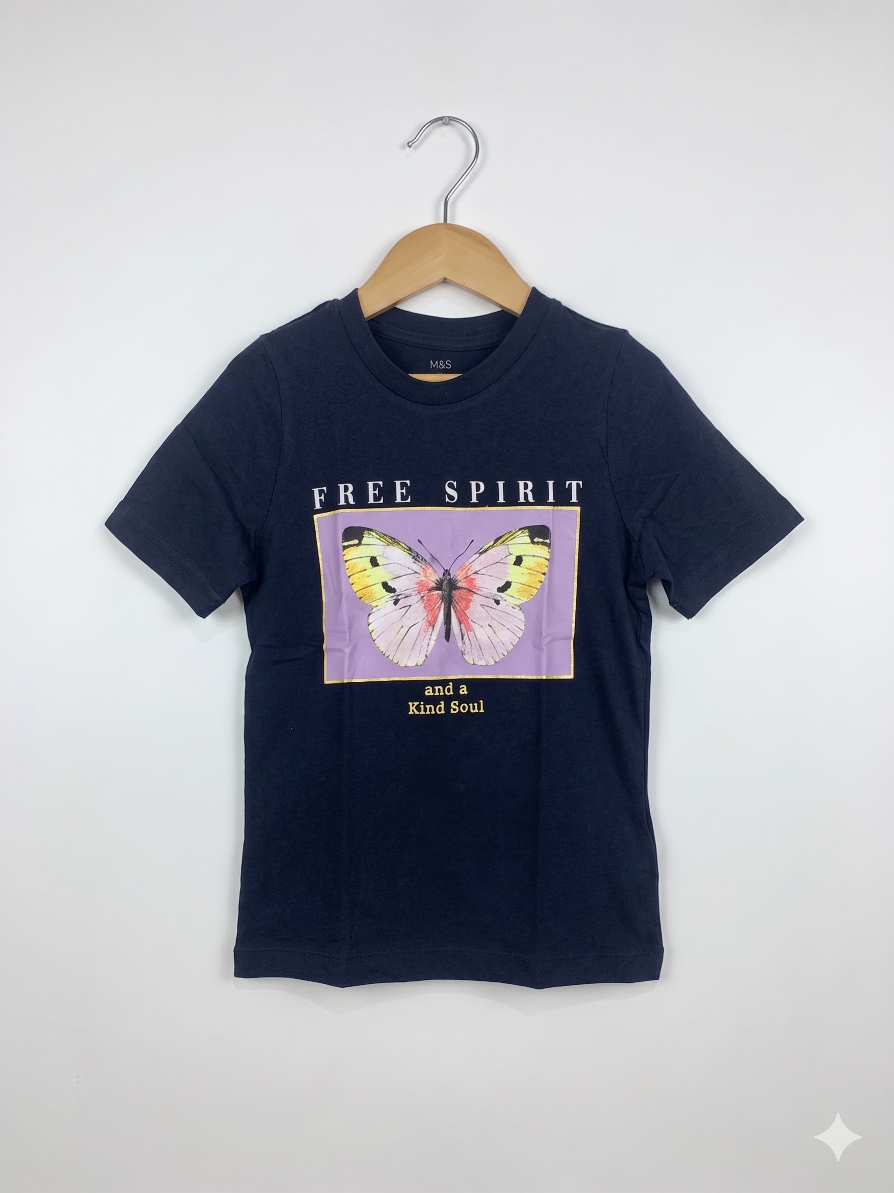 M&S Originals Girls Navy "Free Spirit" Butterfly Graphic Tee - Size 7-8 Years AB1