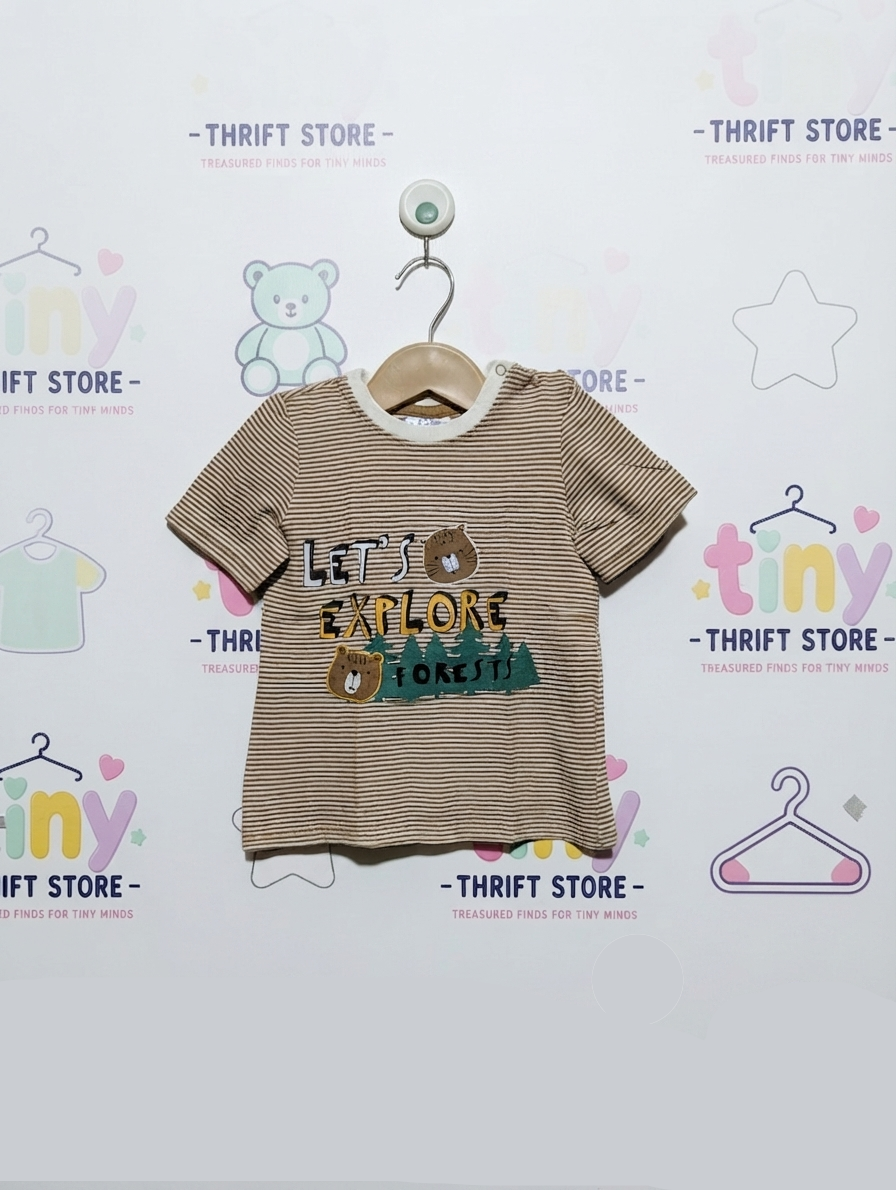 So Cute Boys Brown Striped "Let's Explore Forests" Short Sleeve Tee - Size 92cm Estimated Age 18-24 Months AB2