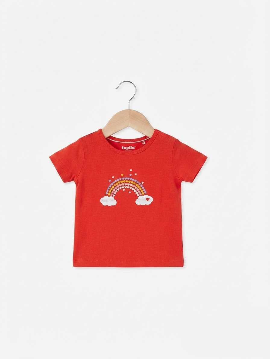 Lupilu Baby Girls Vibrant Red Rainbow Heart Short Sleeve Tee - Size Estimated Age 2-6 Months AB2