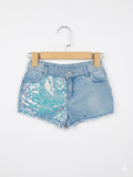 F&F Kids Girls Light Wash Denim Shorts with Iridescent Teal Sequins - Size Estimated Age 8-9 Years AB1