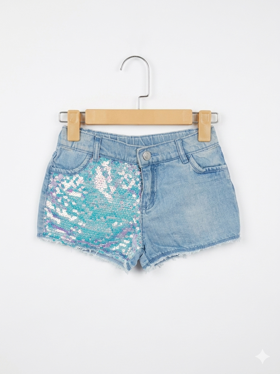 F&F Kids Girls Light Wash Denim Shorts with Iridescent Teal Sequins - Size Estimated Age 8-9 Years AB1
