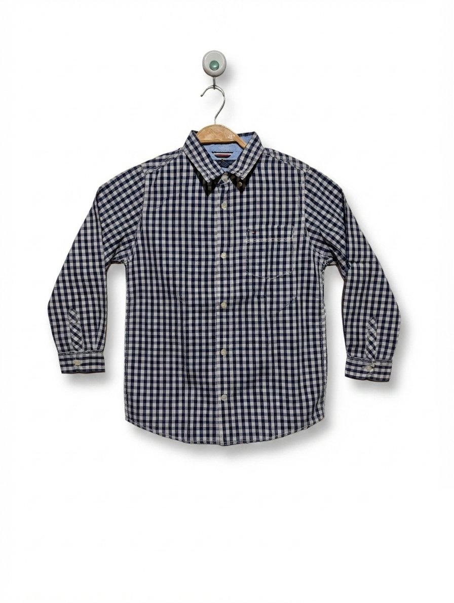 TOMMY HILFIGER Boys Navy and White Gingham Long Sleeve Button-Down Shirt - Size 7, Estimated Age 7 Years AB2