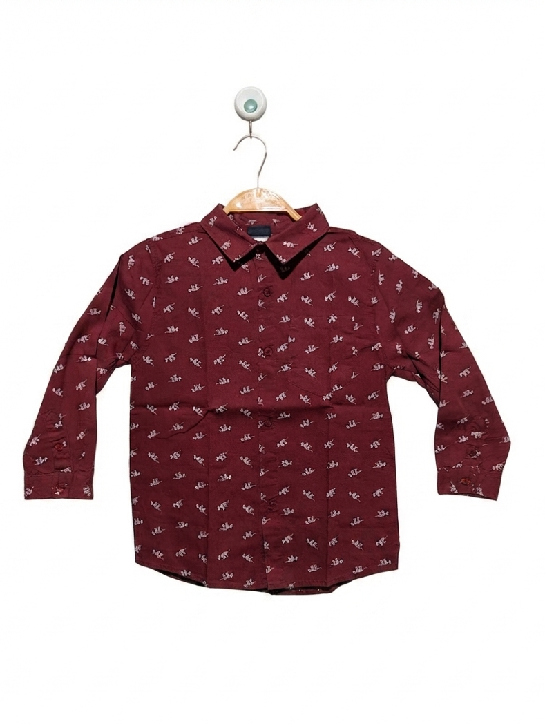 Boys Maroon "Dinosaur Print" Long Sleeve Button-Down Shirt - Size 7, Estimated Age 7 Years AB2