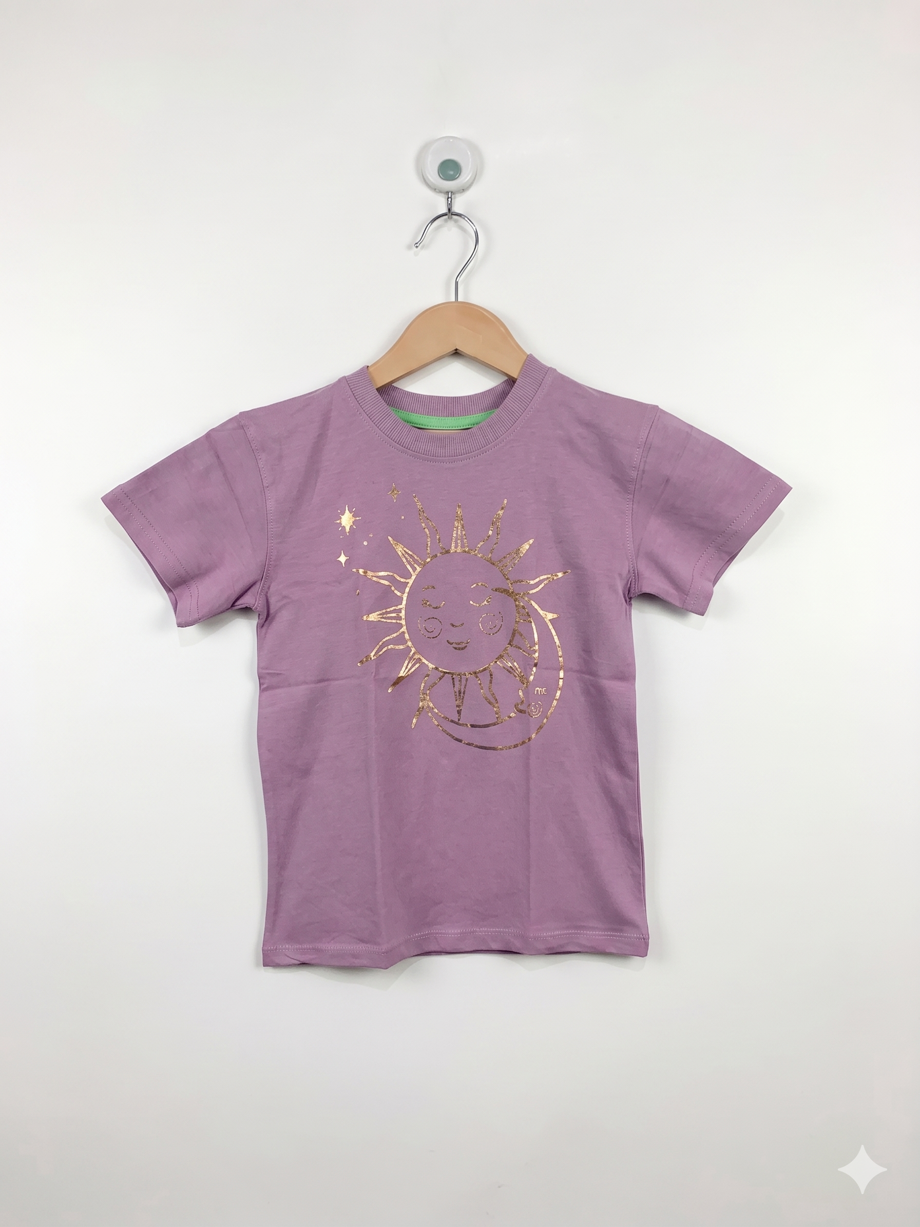 Mini Mango Girls Lavender "Celestial Sun & Moon" Graphic Tee - Size Estimated Age 7 Years AB1