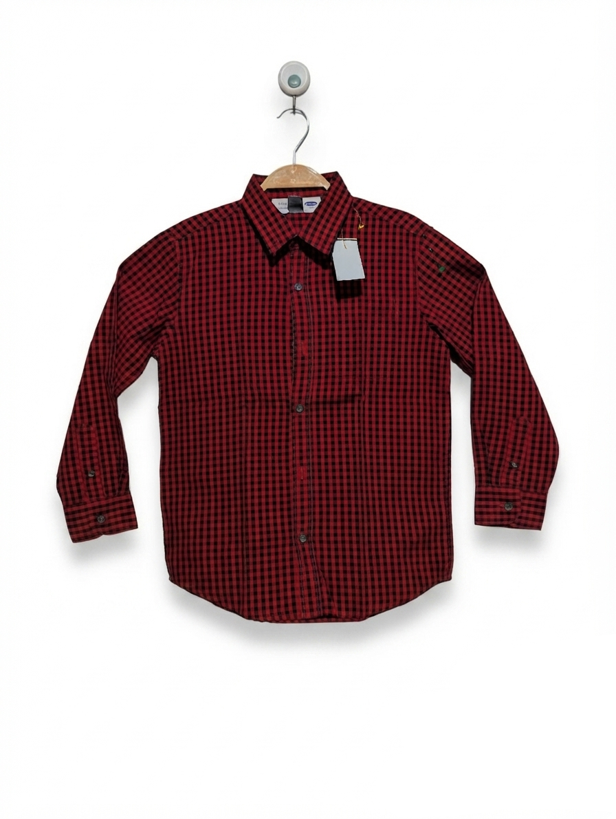 OLD NAVY Boys Red and Black Gingham "The Classic Shirt" - Size M (8), Estimated Age 8 Years AB2