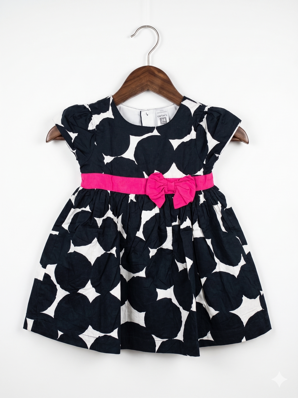 Carter's Baby Girls Navy & White Polka Dot Dress with Pink Bow - Size 24M (Estimated 2 Years Old) AB1
