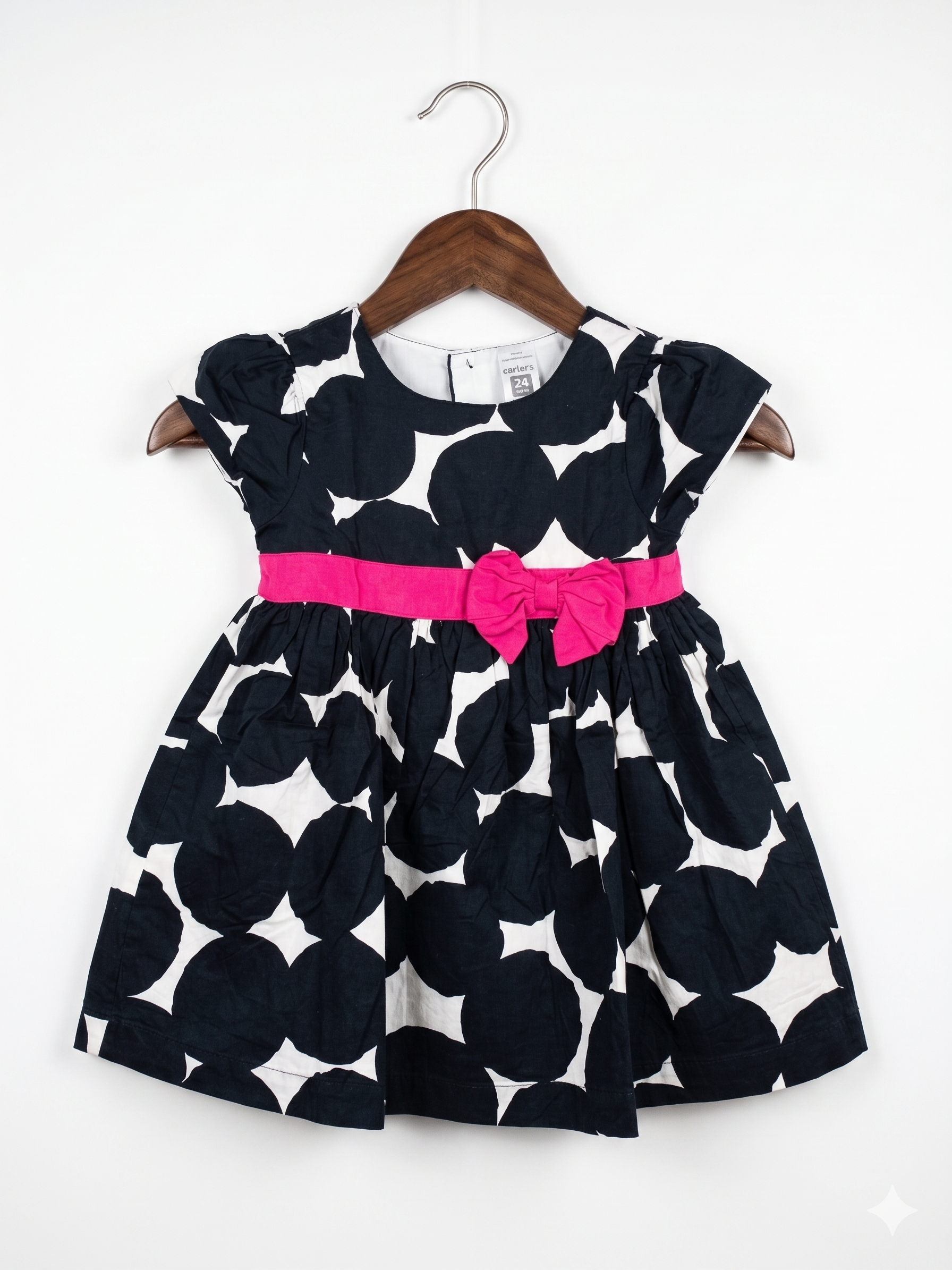 Carter's Baby Girls Navy & White Polka Dot Dress with Pink Bow - Size 24M (Estimated 2 Years Old) AB1