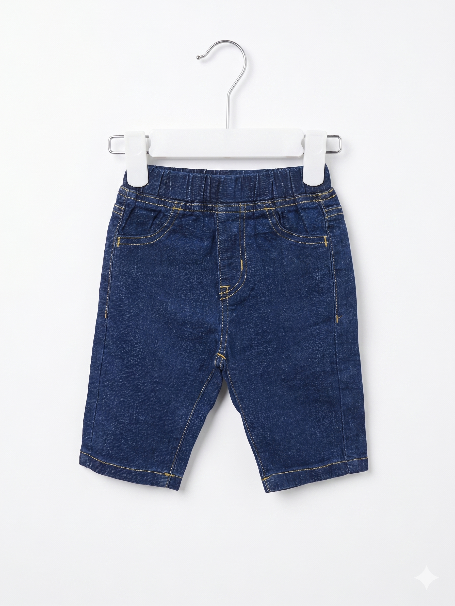 Simple Free toddler clothes, baby denim shorts, pre-loved kids denim, size 80 toddler shorts, 12-18 months baby clothes, stretch denim for kids, tiny thrift store sustainable fashion.