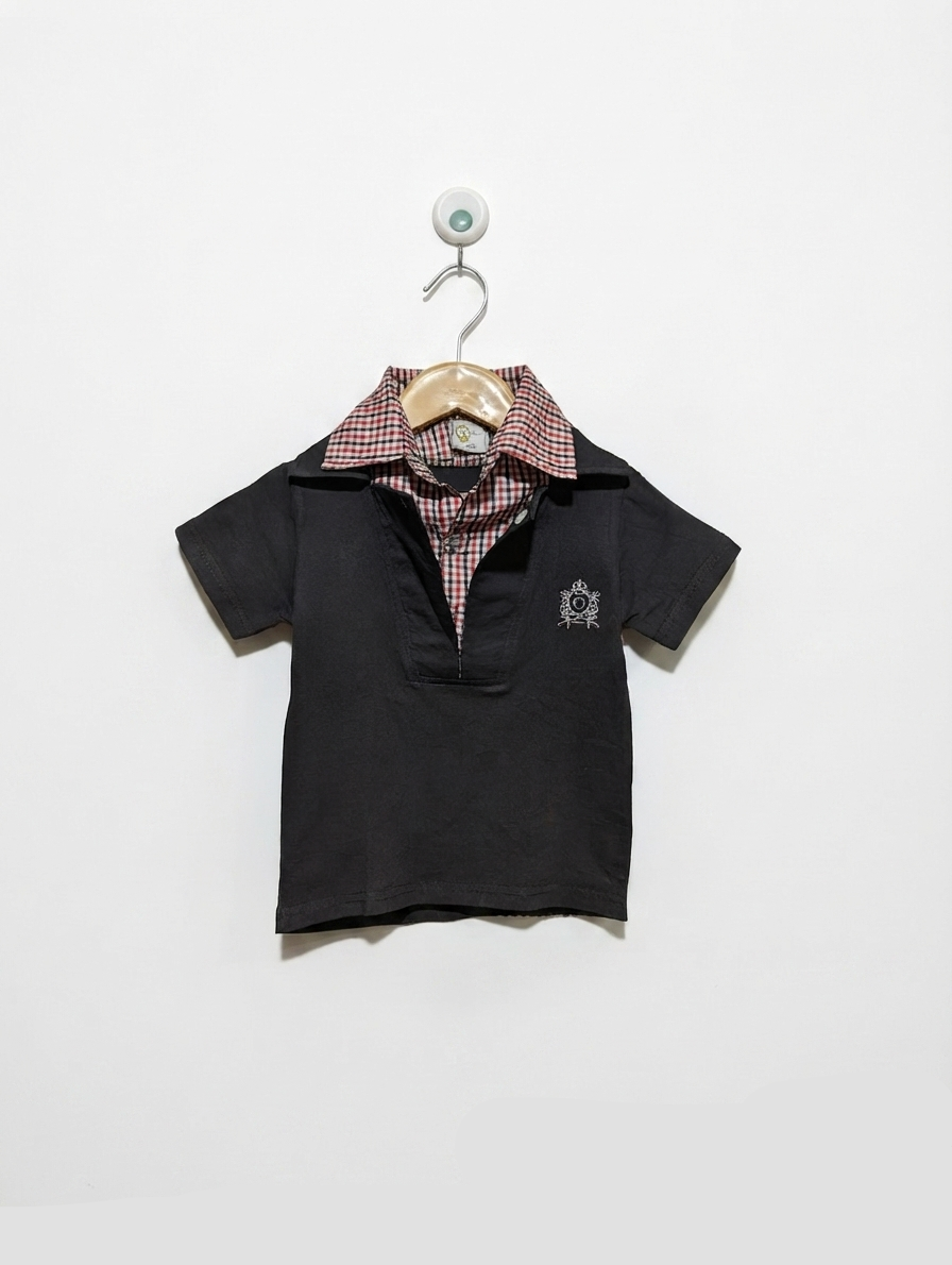 Generic Boys Charcoal Black & Red Plaid Collar Short Sleeve Polo Shirt - Size Estimated Age 3 Years AB2