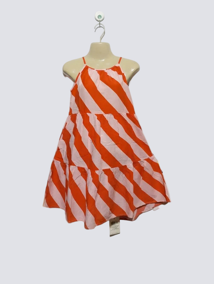 H&M Girls Orange and Pink Striped Tiered Dress - Size Estimated Age 7-8 Years AB2