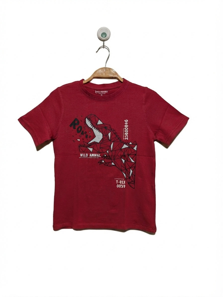 Inextenso Boys Crimson Red "Wild Animal T-Rex" Graphic Short Sleeve Tee - Size 8 (119-131 CM) Estimated Age 8 Years AB2