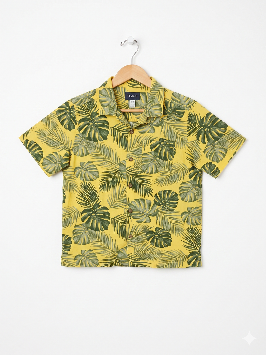 The Children's Place Boys Mustard Yellow "Tropical Palm & Monstera" Short Sleeve Button-Down - Size Estimated Age 10-12 AB1