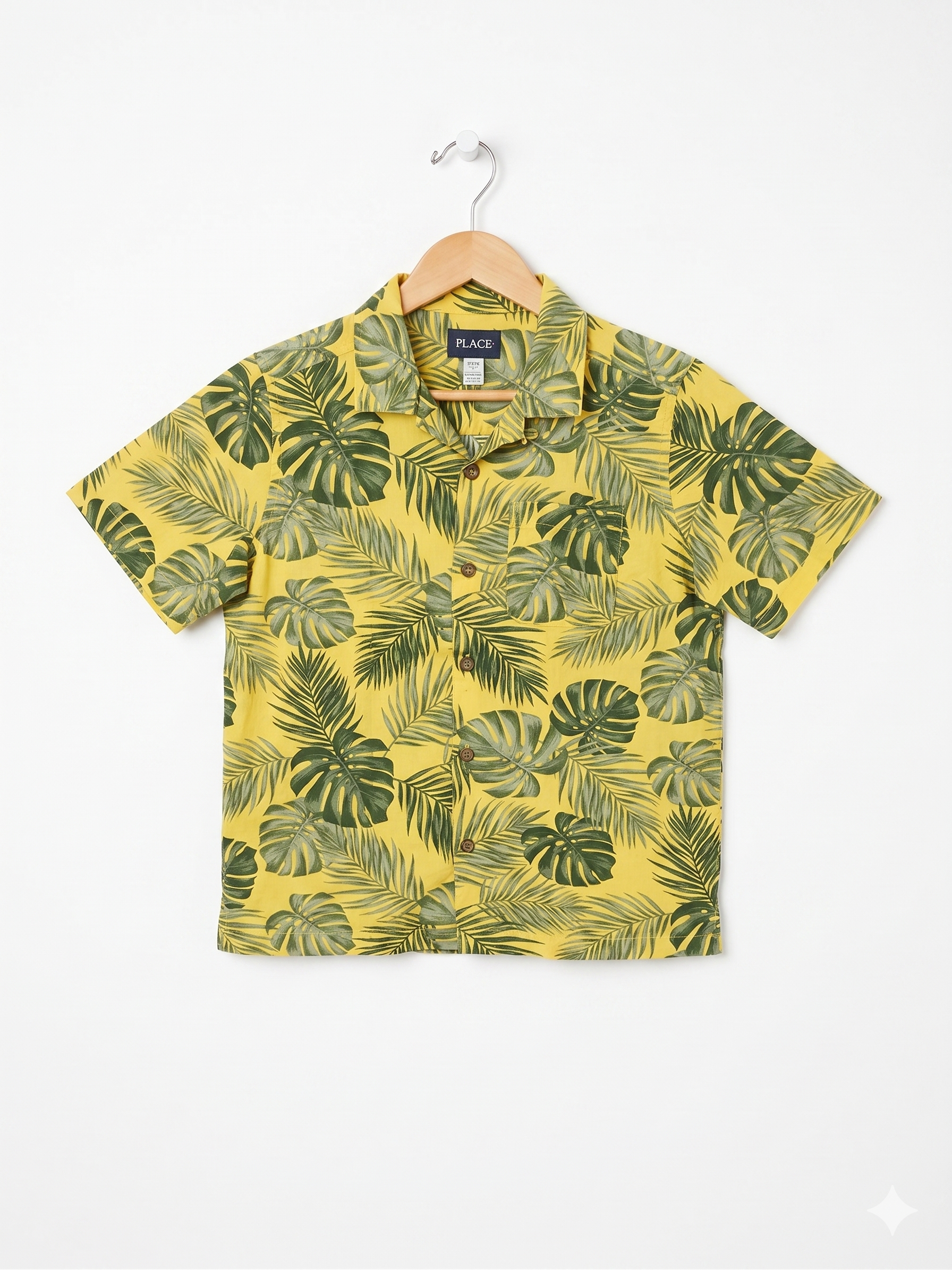 The Children's Place Boys Mustard Yellow "Tropical Palm & Monstera" Short Sleeve Button-Down - Size Estimated Age 10-12 AB1