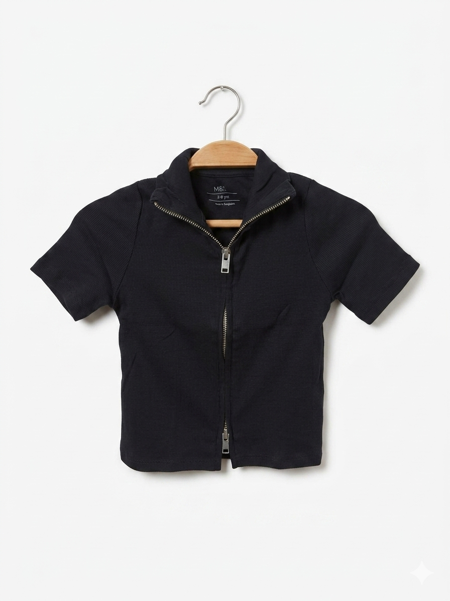 M&S Girls' Navy Ribbed Two-Way Zip Polo Top - Size 7-8 Yrs Estimated Age 7-8 Years AB1
