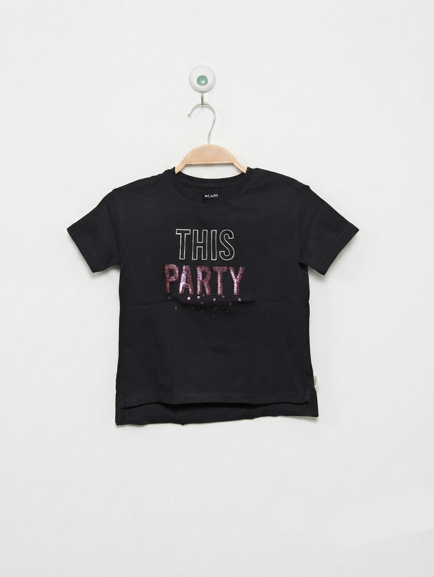 Kiabi Girls Black "This Party" Sequin Graphic Tee - Size 5A (Estimated Age 5 Years) AB2