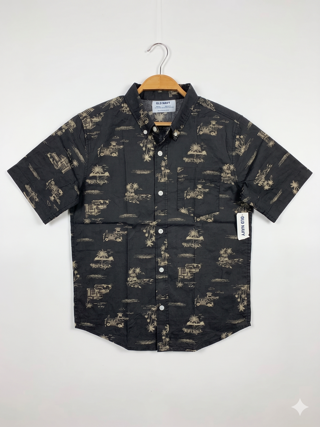 Old Navy Boys Charcoal Grey "Surf Shop & Tropical" Graphic Short Sleeve Shirt - Size Estimated Age 10-12Y AB1